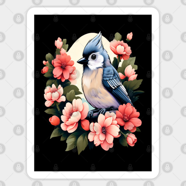 Cute Tufted Titmouse Surrounded by Vibrant Spring Flowers Sticker by BirdsnStuff