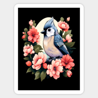 Cute Tufted Titmouse Surrounded by Vibrant Spring Flowers Magnet