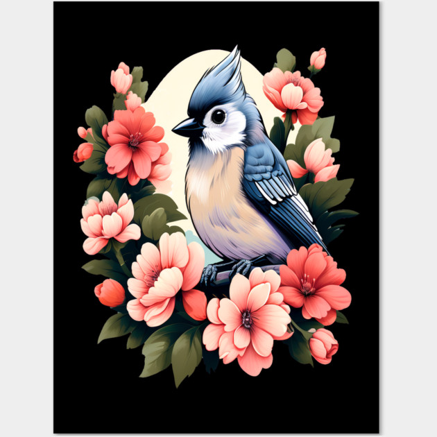 Cute Tufted Titmouse Surrounded by Vibrant Spring Flowers Wall Art by BirdsnStuff