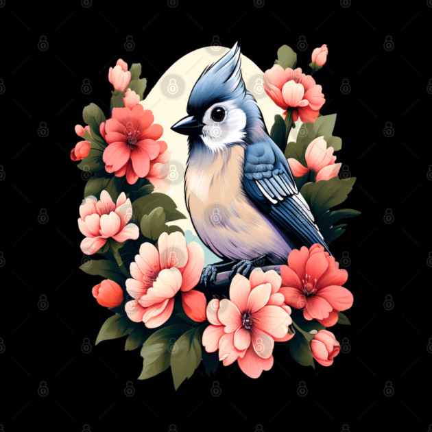 Cute Tufted Titmouse Surrounded by Vibrant Spring Flowers by BirdsnStuff