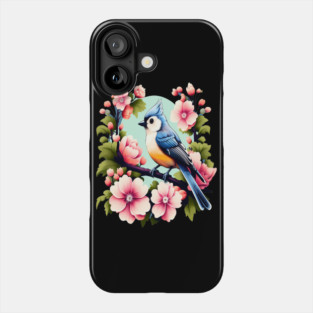 Cute Tufted Titmouse Surrounded by Vibrant Spring Flowers Phone Case