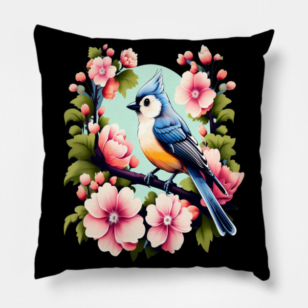 Cute Tufted Titmouse Surrounded by Vibrant Spring Flowers Pillow by BirdsnStuff