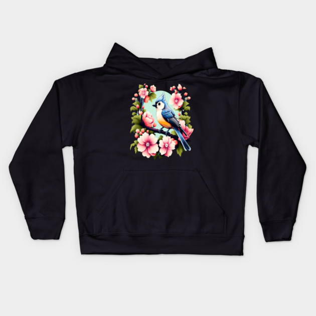 Cute Tufted Titmouse Surrounded by Vibrant Spring Flowers Kids Hoodie by BirdsnStuff