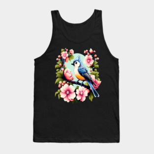 Cute Tufted Titmouse Surrounded by Vibrant Spring Flowers Tank Top