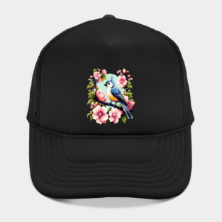 Cute Tufted Titmouse Surrounded by Vibrant Spring Flowers Hat