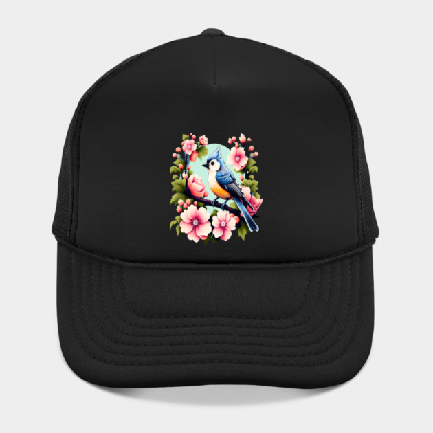 Cute Tufted Titmouse Surrounded by Vibrant Spring Flowers by BirdsnStuff