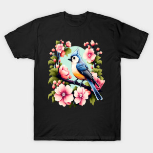 Cute Tufted Titmouse Surrounded by Vibrant Spring Flowers T-Shirt