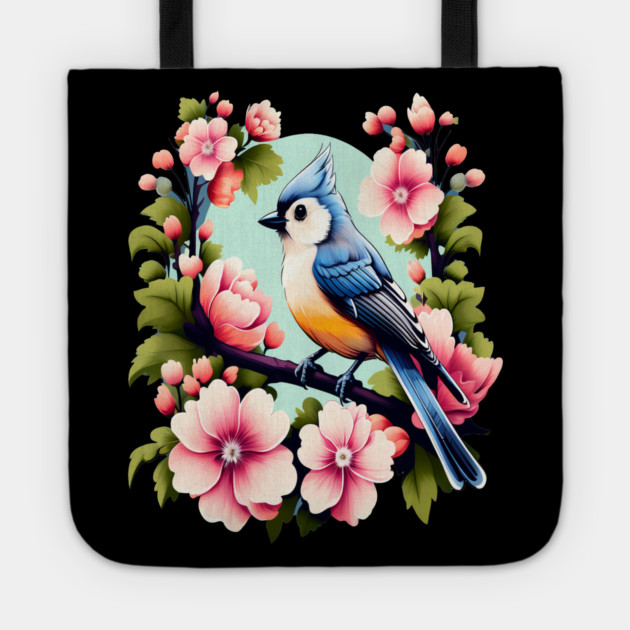 Cute Tufted Titmouse Surrounded by Vibrant Spring Flowers Tote by BirdsnStuff