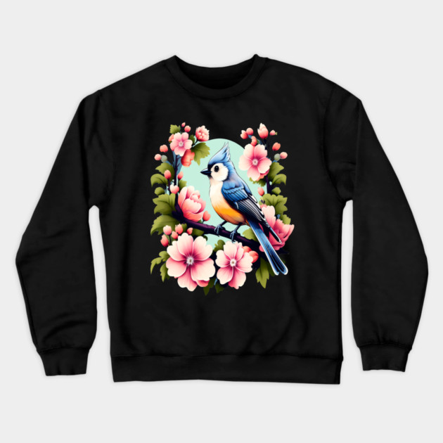 Cute Tufted Titmouse Surrounded by Vibrant Spring Flowers Crewneck Sweatshirt by BirdsnStuff