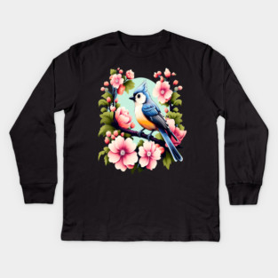 Cute Tufted Titmouse Surrounded by Vibrant Spring Flowers Kids Long Sleeve T-Shirt
