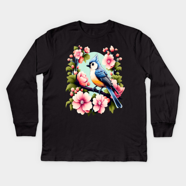 Cute Tufted Titmouse Surrounded by Vibrant Spring Flowers Kids Long Sleeve T-Shirt by BirdsnStuff