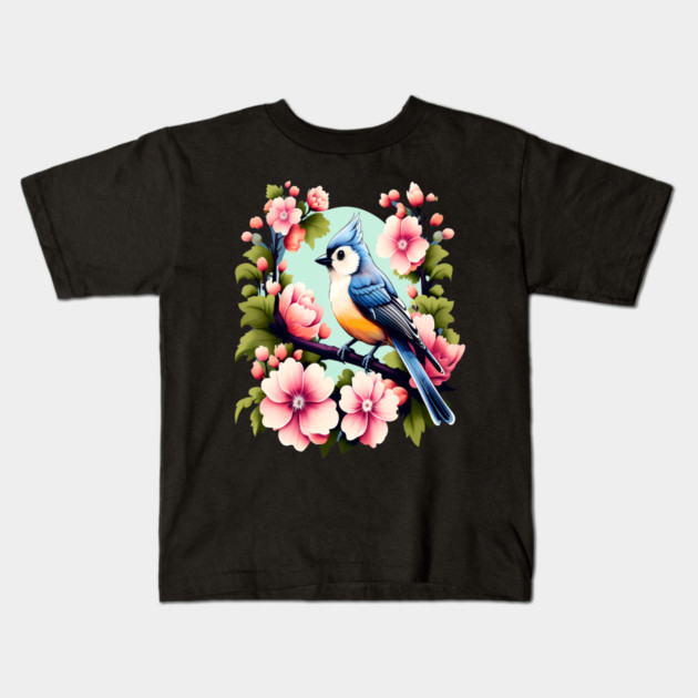 Cute Tufted Titmouse Surrounded by Vibrant Spring Flowers Kids T-Shirt by BirdsnStuff