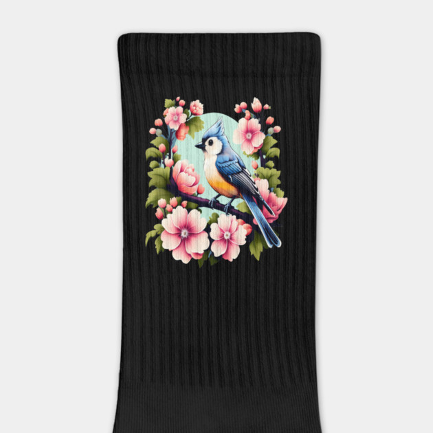 Cute Tufted Titmouse Surrounded by Vibrant Spring Flowers by BirdsnStuff