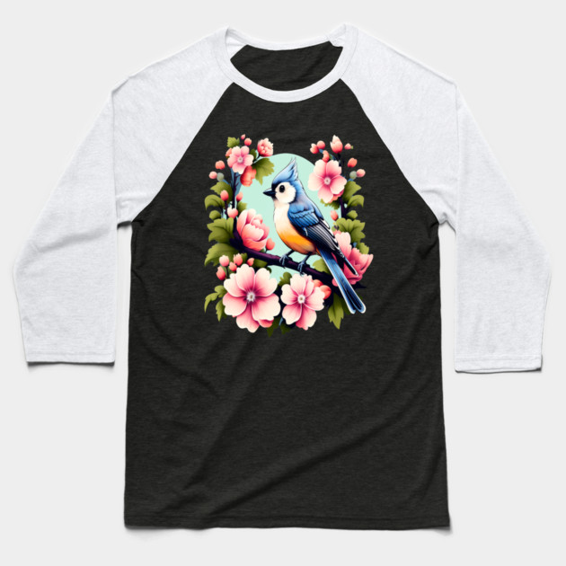 Cute Tufted Titmouse Surrounded by Vibrant Spring Flowers Baseball T-Shirt by BirdsnStuff