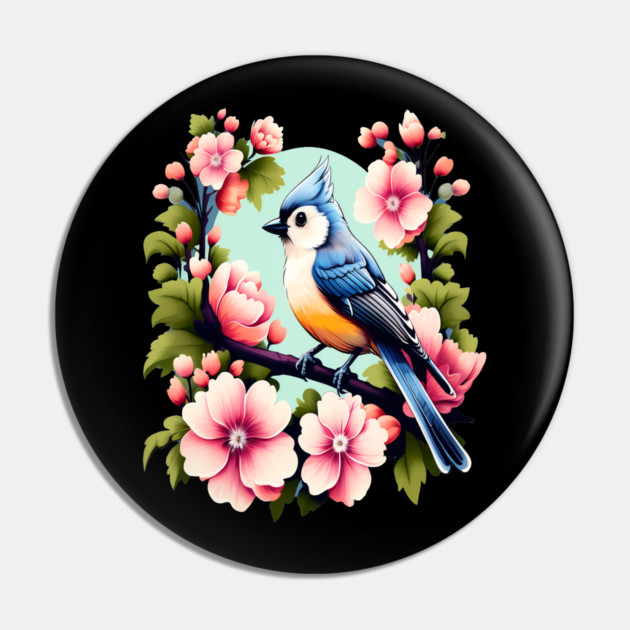 Cute Tufted Titmouse Surrounded by Vibrant Spring Flowers Pin by BirdsnStuff