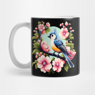 Cute Tufted Titmouse Surrounded by Vibrant Spring Flowers Mug