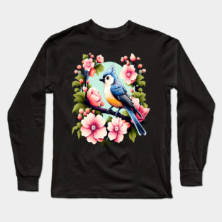 Cute Tufted Titmouse Surrounded by Vibrant Spring Flowers Long Sleeve T-Shirt