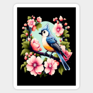 Cute Tufted Titmouse Surrounded by Vibrant Spring Flowers Sticker