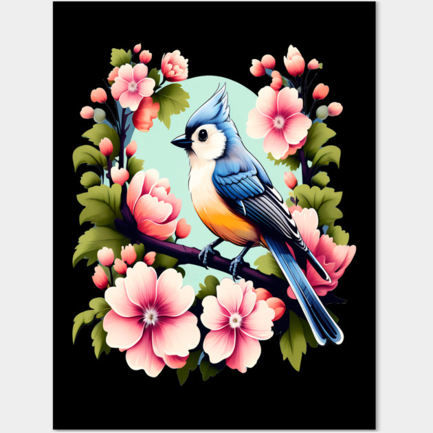 Cute Tufted Titmouse Surrounded by Vibrant Spring Flowers Wall Art by BirdsnStuff