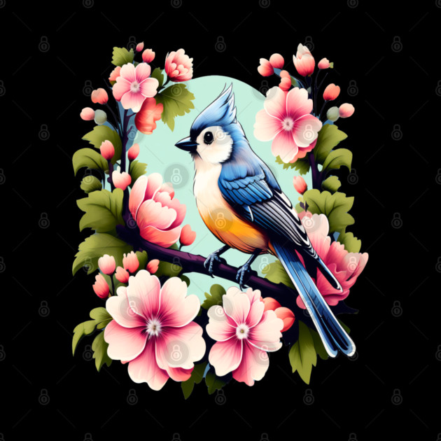 Cute Tufted Titmouse Surrounded by Vibrant Spring Flowers by BirdsnStuff