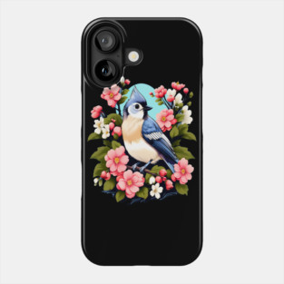 Cute Tufted Titmouse Surrounded by Vibrant Spring Flowers Phone Case