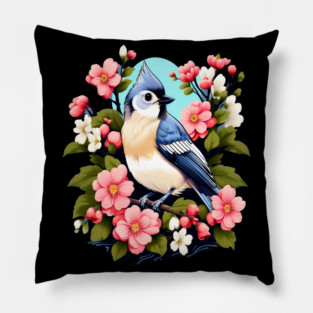 Cute Tufted Titmouse Surrounded by Vibrant Spring Flowers Pillow