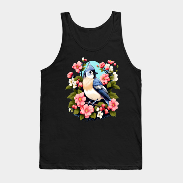 Cute Tufted Titmouse Surrounded by Vibrant Spring Flowers Tank Top by BirdsnStuff