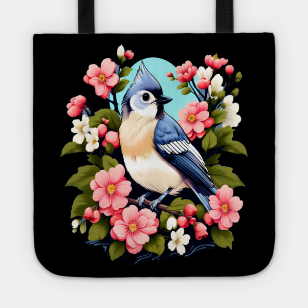 Cute Tufted Titmouse Surrounded by Vibrant Spring Flowers Tote by BirdsnStuff