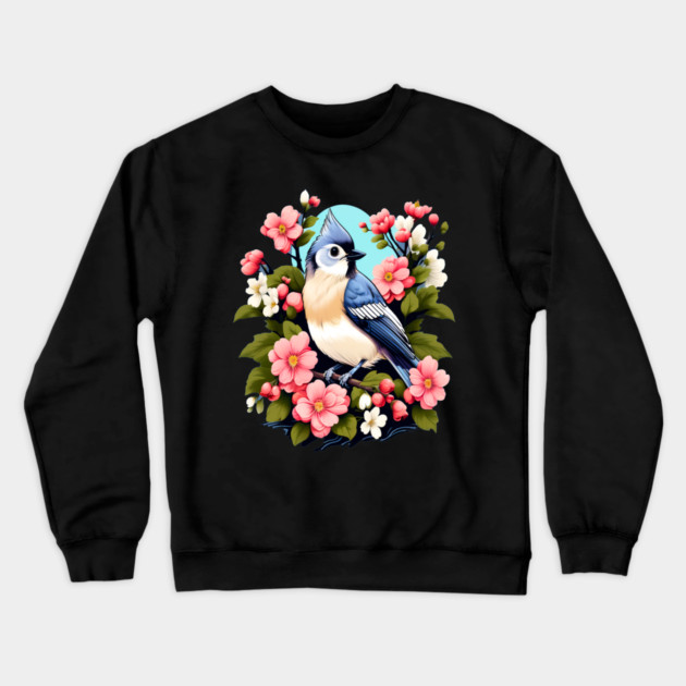 Cute Tufted Titmouse Surrounded by Vibrant Spring Flowers Crewneck Sweatshirt by BirdsnStuff
