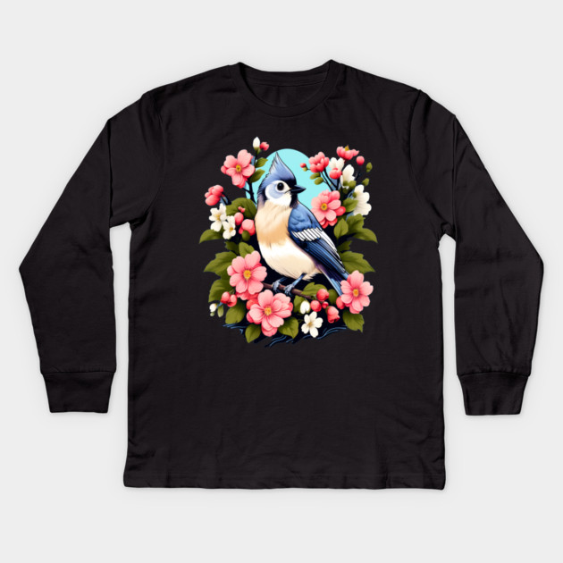 Cute Tufted Titmouse Surrounded by Vibrant Spring Flowers Kids Long Sleeve T-Shirt by BirdsnStuff