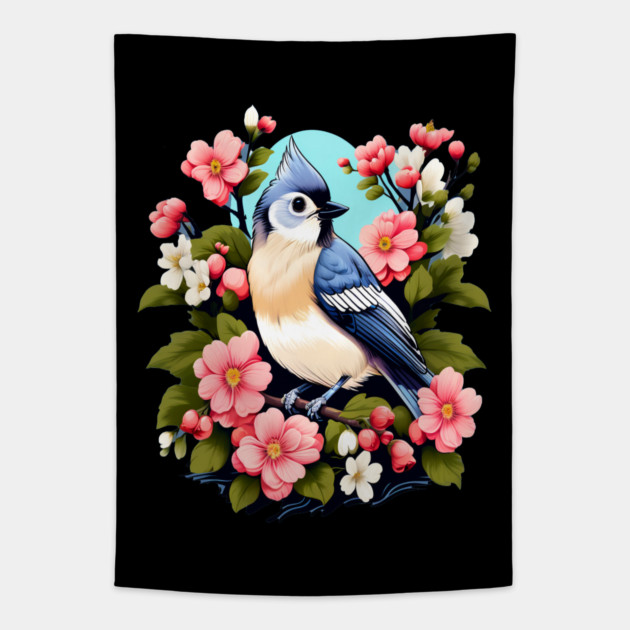 Cute Tufted Titmouse Surrounded by Vibrant Spring Flowers Tapestry by BirdsnStuff
