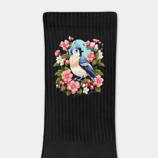 Cute Tufted Titmouse Surrounded by Vibrant Spring Flowers by BirdsnStuff