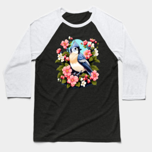 Cute Tufted Titmouse Surrounded by Vibrant Spring Flowers Baseball T-Shirt