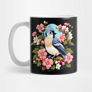 Cute Tufted Titmouse Surrounded by Vibrant Spring Flowers Mug