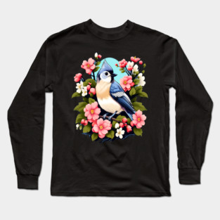 Cute Tufted Titmouse Surrounded by Vibrant Spring Flowers Long Sleeve T-Shirt