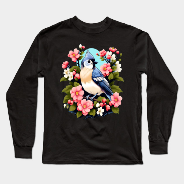 Cute Tufted Titmouse Surrounded by Vibrant Spring Flowers Long Sleeve T-Shirt by BirdsnStuff