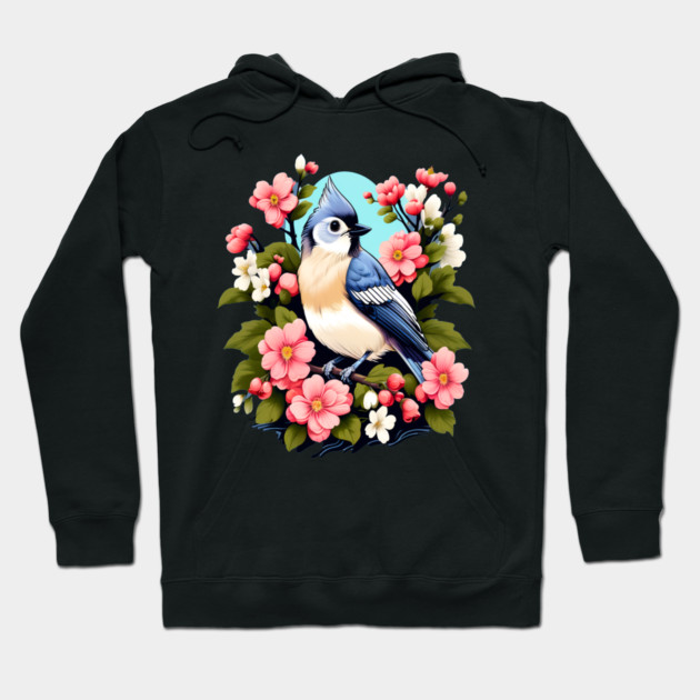 Cute Tufted Titmouse Surrounded by Vibrant Spring Flowers Hoodie by BirdsnStuff