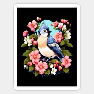 Cute Tufted Titmouse Surrounded by Vibrant Spring Flowers Sticker