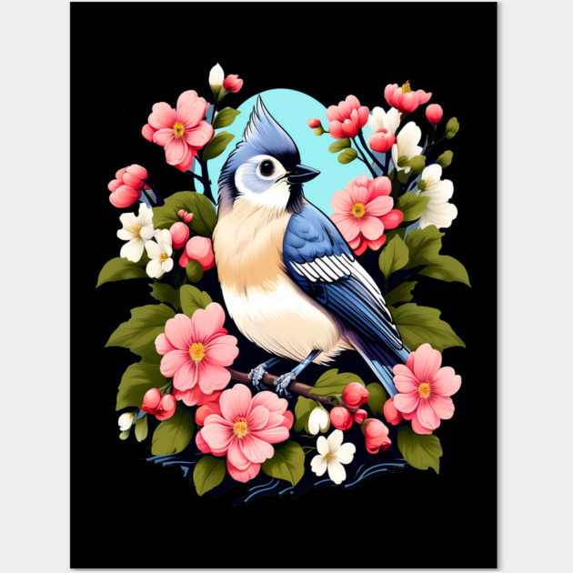 Cute Tufted Titmouse Surrounded by Vibrant Spring Flowers Wall Art by BirdsnStuff