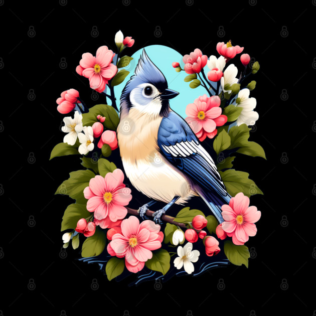 Cute Tufted Titmouse Surrounded by Vibrant Spring Flowers by BirdsnStuff