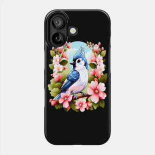 Cute Tufted Titmouse Surrounded by Vibrant Spring Flowers Phone Case