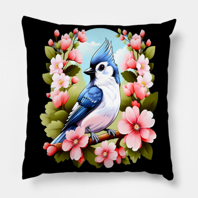 Cute Tufted Titmouse Surrounded by Vibrant Spring Flowers Pillow by BirdsnStuff