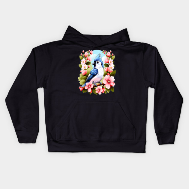 Cute Tufted Titmouse Surrounded by Vibrant Spring Flowers Kids Hoodie by BirdsnStuff