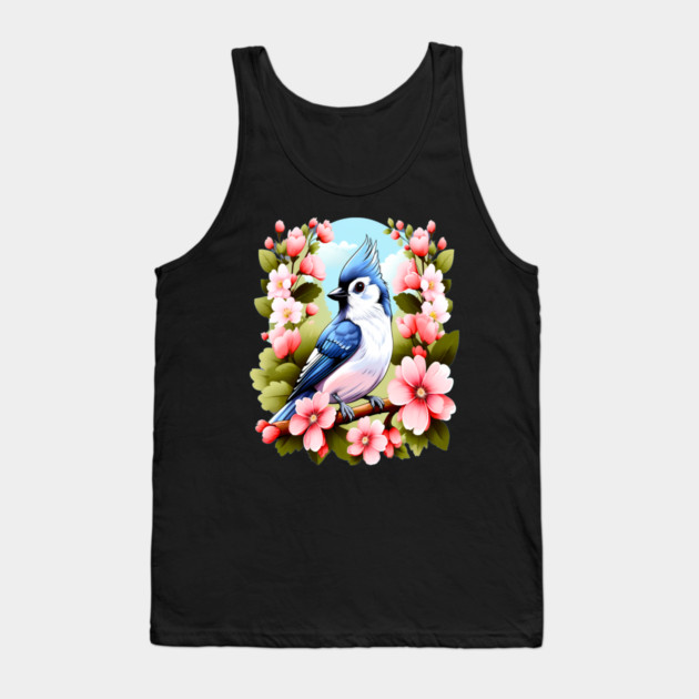 Cute Tufted Titmouse Surrounded by Vibrant Spring Flowers Tank Top by BirdsnStuff