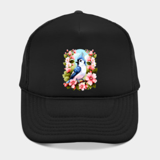 Cute Tufted Titmouse Surrounded by Vibrant Spring Flowers Hat