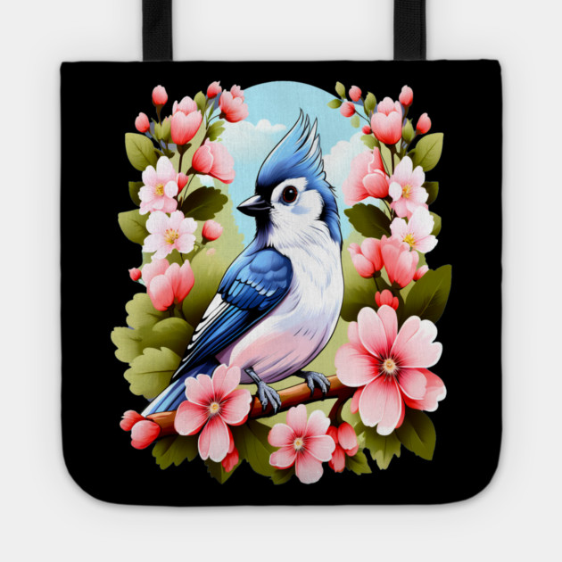 Cute Tufted Titmouse Surrounded by Vibrant Spring Flowers Tote by BirdsnStuff