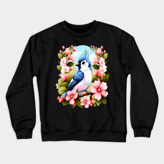 Cute Tufted Titmouse Surrounded by Vibrant Spring Flowers Crewneck Sweatshirt by BirdsnStuff