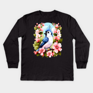 Cute Tufted Titmouse Surrounded by Vibrant Spring Flowers Kids Long Sleeve T-Shirt