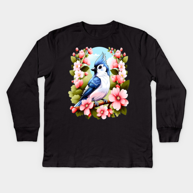 Cute Tufted Titmouse Surrounded by Vibrant Spring Flowers Kids Long Sleeve T-Shirt by BirdsnStuff