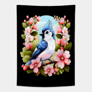 Cute Tufted Titmouse Surrounded by Vibrant Spring Flowers Tapestry